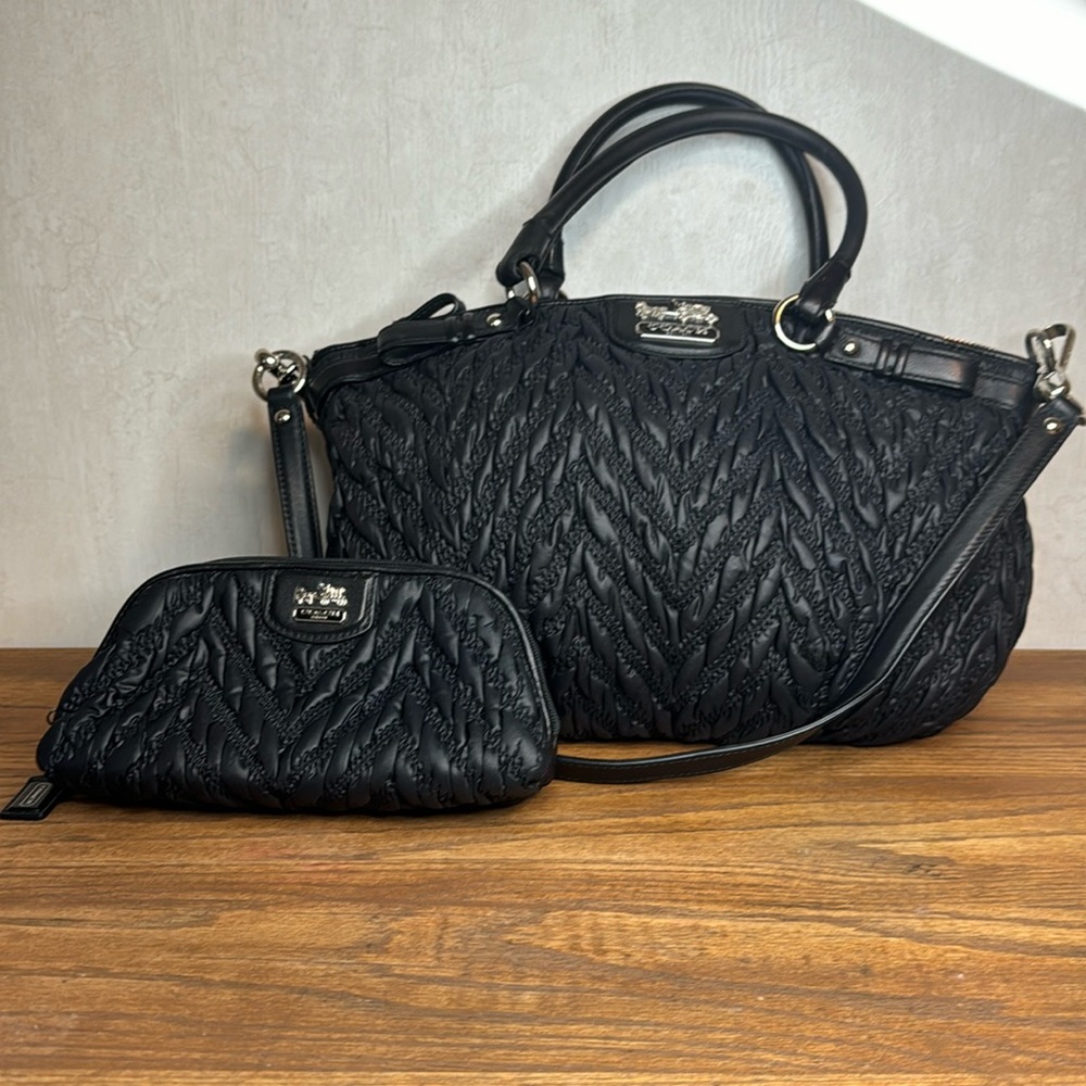 Coach Madison Satchel Shoulder Bag Black Teal Lining Mini Zipper Pouch Set EUC